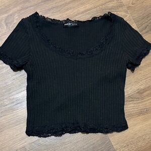 Black Ribbed Crop Top with Lace
